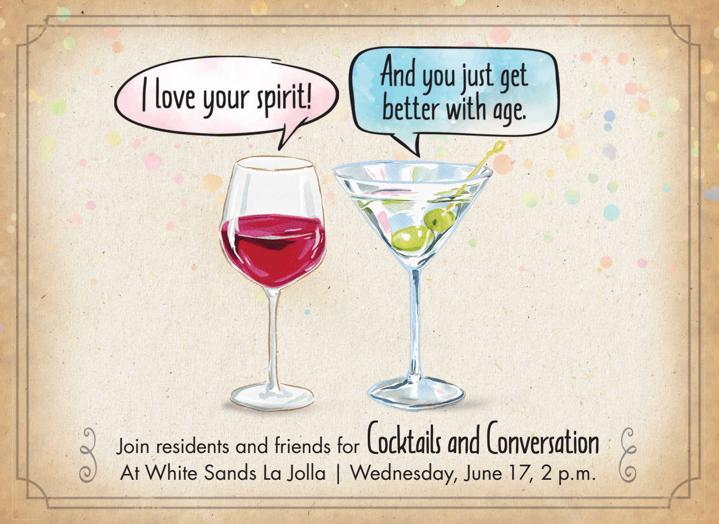 Event graphic promoting White Sands La Jolla Cocktails and Conversation event. 