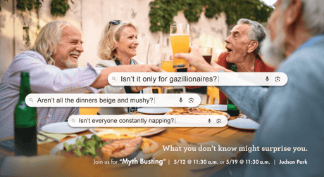 Promotional event graphic featuring residents sitting and cheering drinks outdoors and chatting at a table, with the headline “What you don't know might surprise you.” and invitation text about a special event.