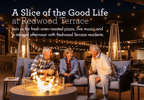 Graphic promoting an event at Redwood Terrace with residents smiling and chatting around a warm fire while enjoying drinks.