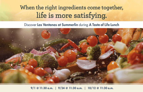 Food and spices falling onto a cutting board, with text about Las Ventanas next event.
