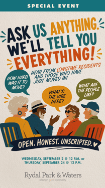 Event graphic with the text “Ask us anything. We’ll tell you everything. Ready. Set. Chat.” Rydal Park &amp; Waters logo at the bottom.
