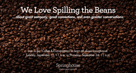 “Coffee &amp; Conversation” event graphic with coffee beans against a blurred café background.