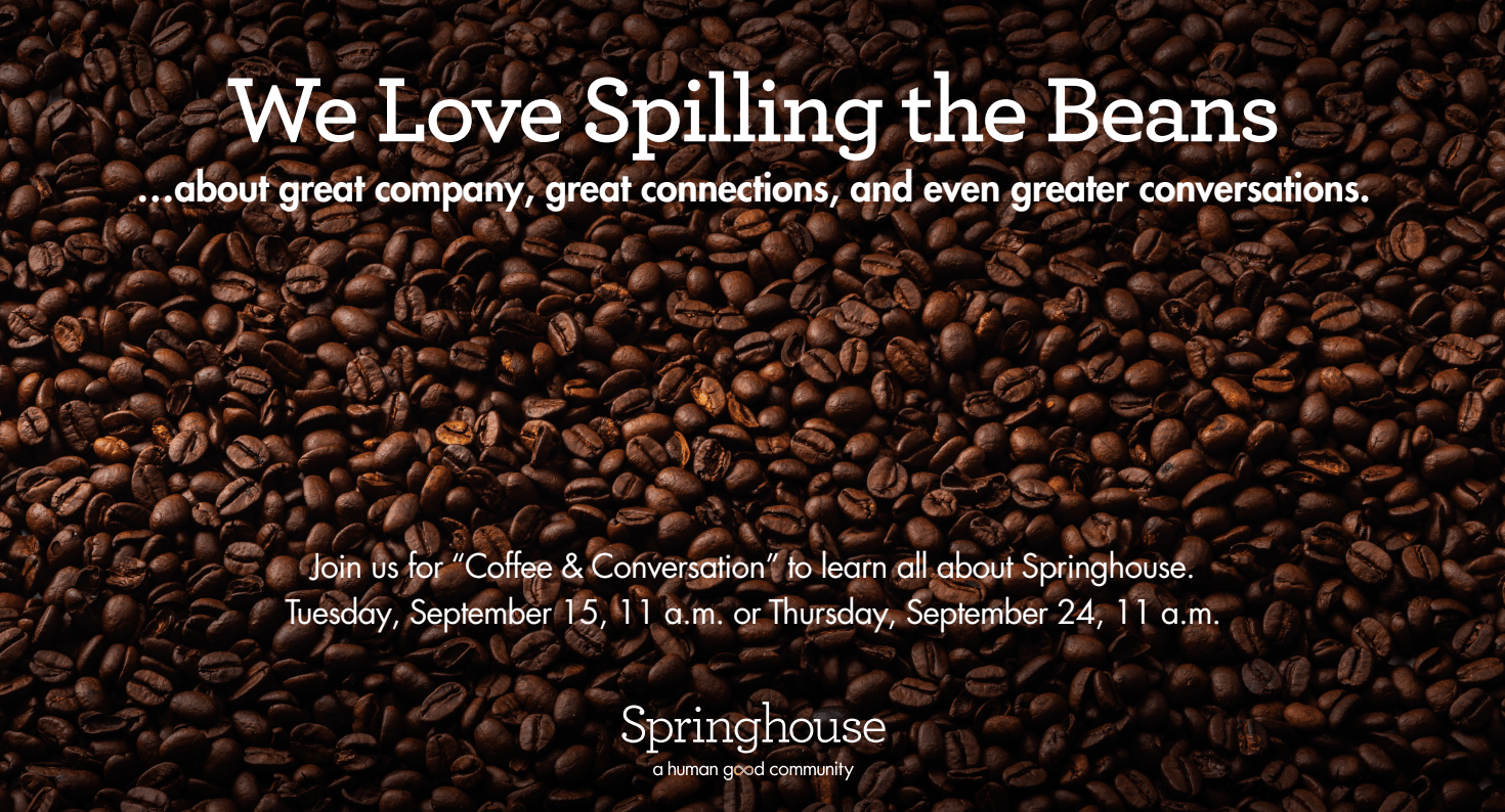 “Coffee & Conversation” event graphic with coffee beans against a blurred café background. “Coffee & Conversation” event graphic with coffee beans against a blurred café background.