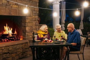 3 people eating by bistro fireplace