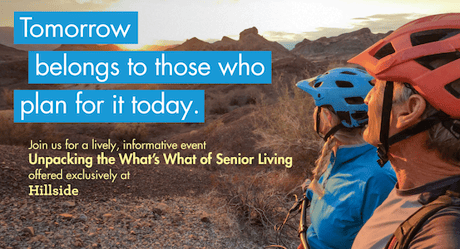 Two people in helmets viewing a mountainous sunset landscape with promotional text about a senior living event.