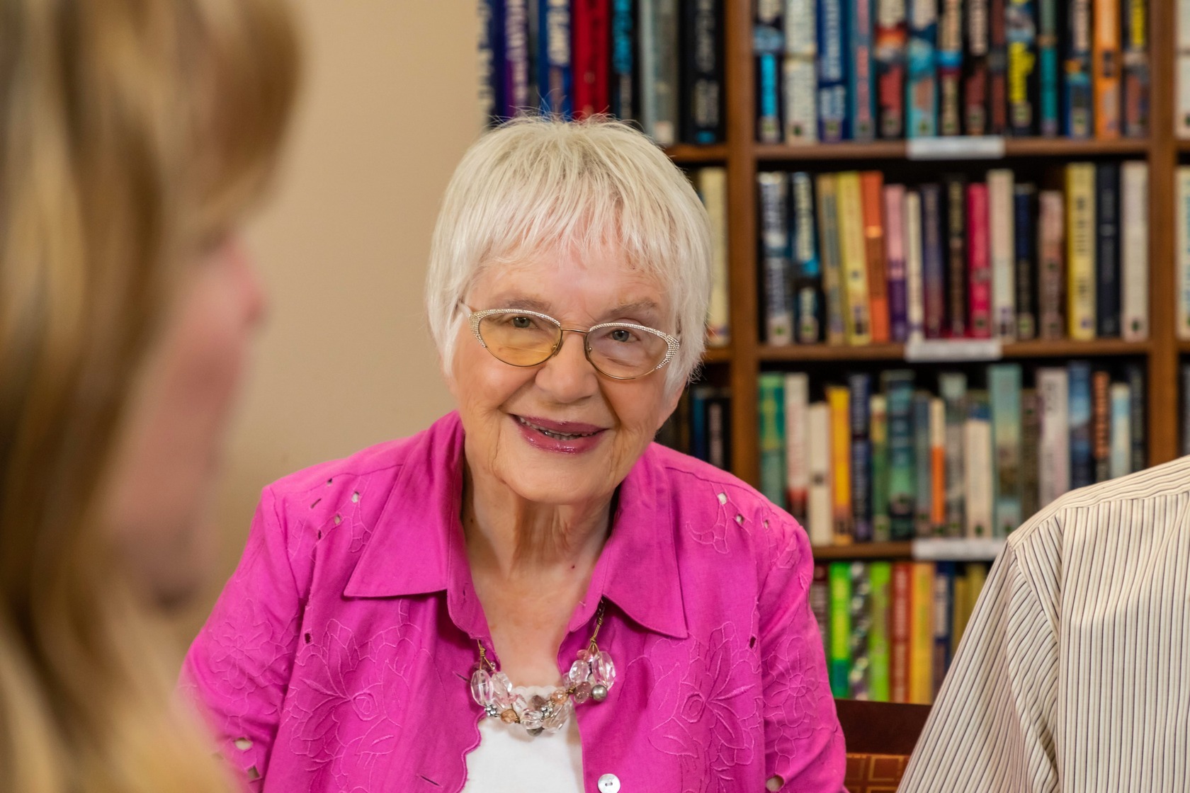 A resident smiling during conversation at Judson Park, a HumanGood community.