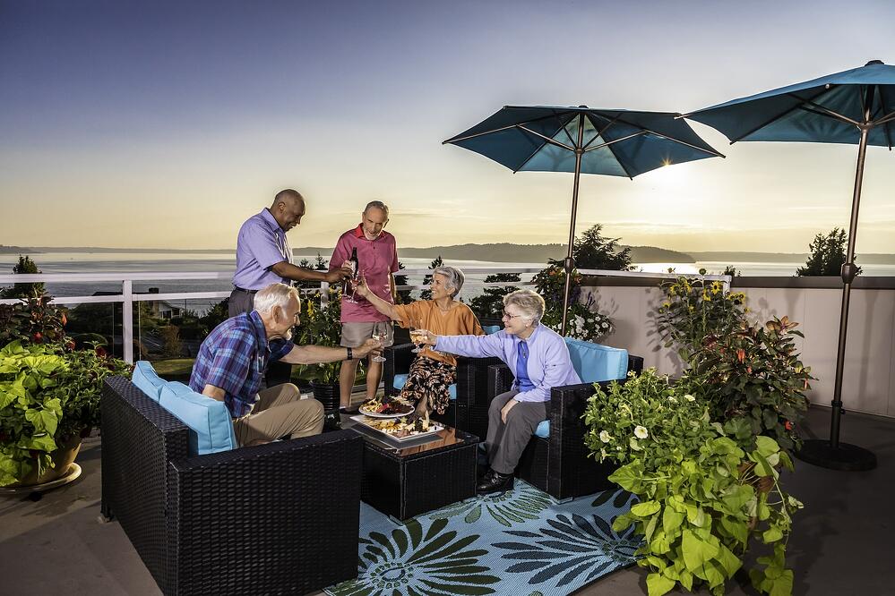 seniors clinking glasses on a rooftop balcony overlooking the water