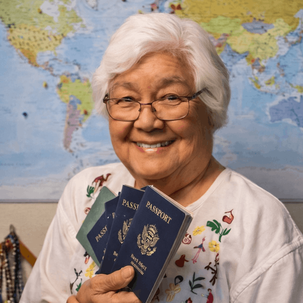 Smiling resident holding passports in front of a world map, suggesting travel or life experiences.