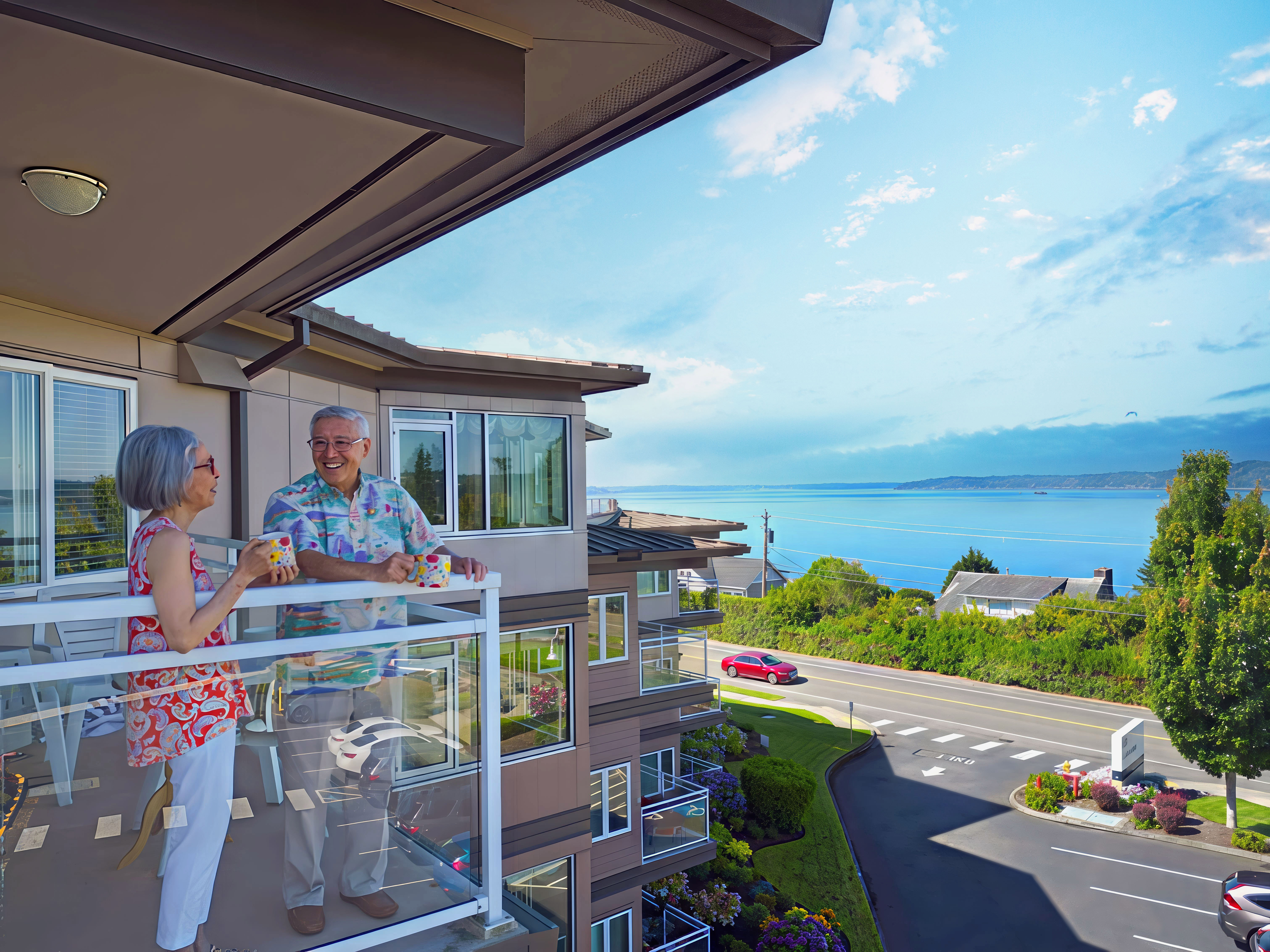 seniors standing on an apartment balcony overlooking the water