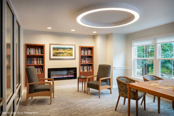 Library with fireplace