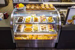 Pastries and fruit in the display case at the community cafe