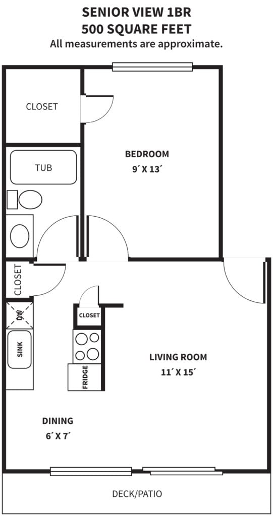 Senior View I One Bedroom Floorplan. 1 bedroom, 1 bath. Senior View 1BR. 500 Square Feet. All measurements are approximate. Bedroom 9'x13'. Living Room 11'x15'. Dining 6'x7'.