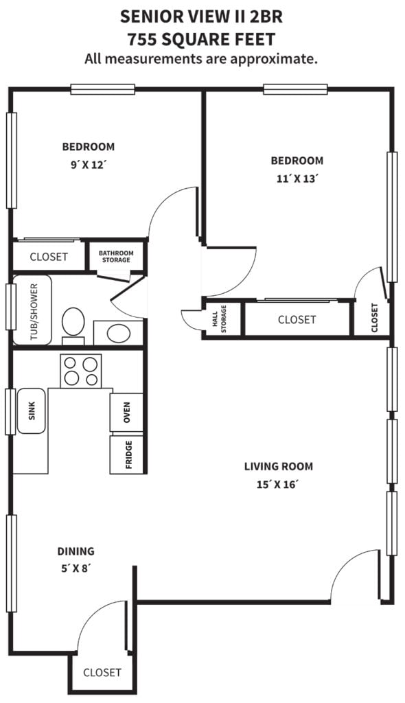 Senior View II Two Bedroom Floorplan. 2 bedroom, 1 bath. Senior View II 2BR. 755 Square Feet. All measurements are approximate. Bedroom 9'x12'. Bedroom 11'x13'. Living Room 15'x16'. Dining 5'x8'.