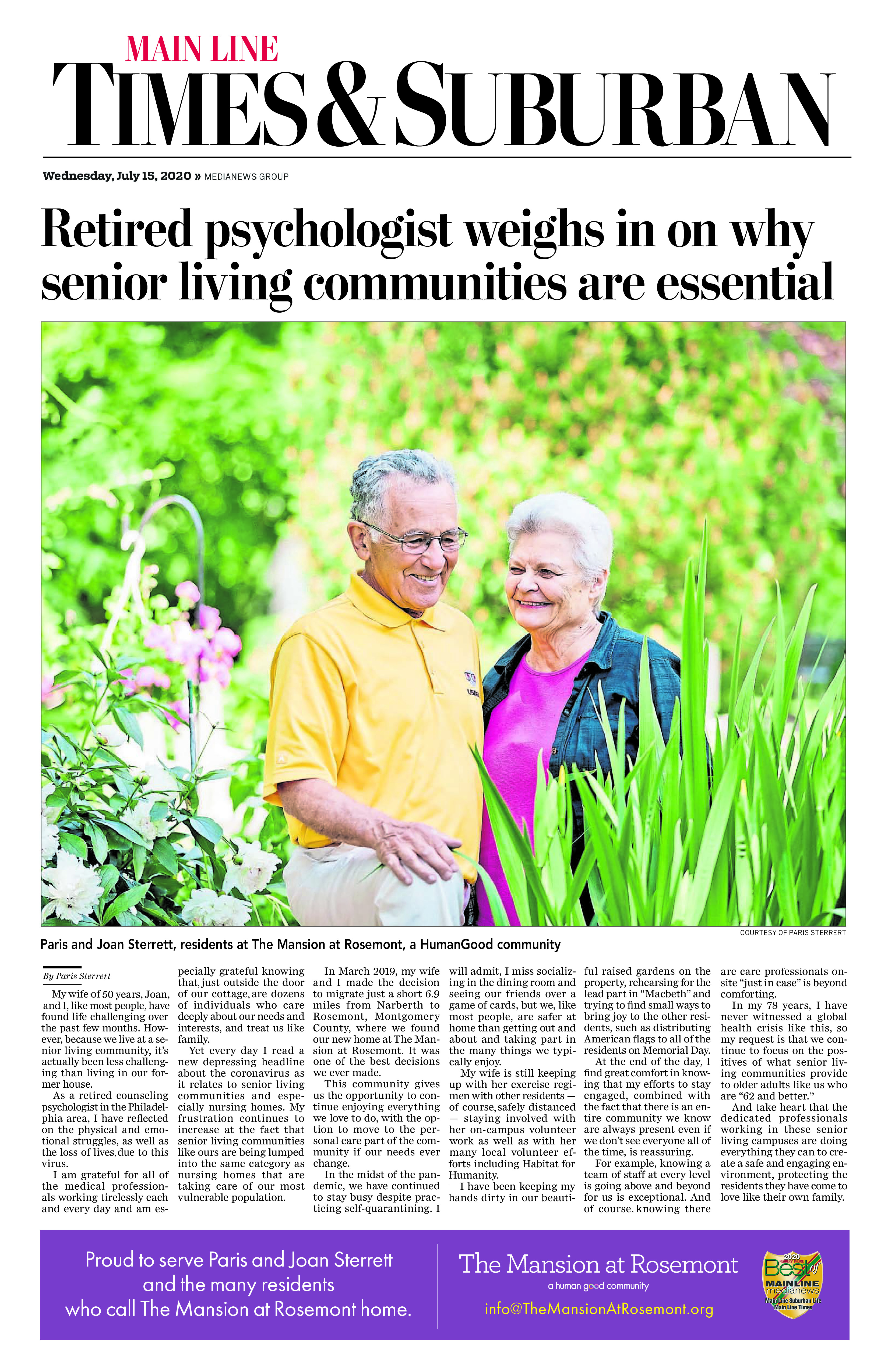Newspaper article with headline that reads "retired psychologist weighs in on why senior living communities are essential"