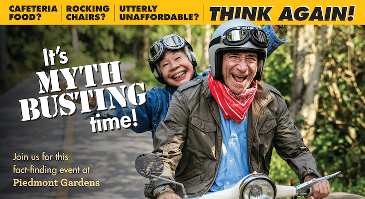 An elderly couple happily rides a scooter in a forest, promoting the myth-busting event at Piedmont Gardens