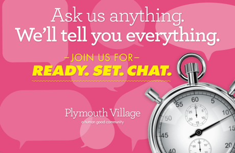 Promotional image with text about a chat event and a stopwatch illustration on a pink background with speech bubbles