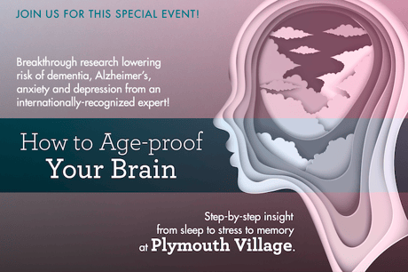 Promotional poster for an event on how to age-proof your brain with a layered head silhouette and cloud imagery