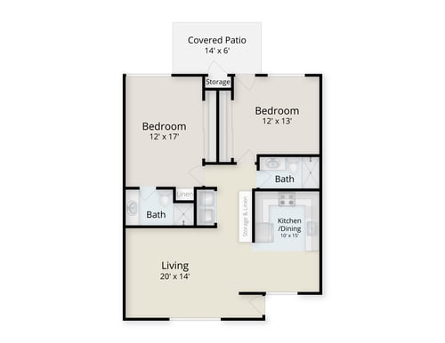 Floor plan of a two-bedroom cottage home at Plymouth Village