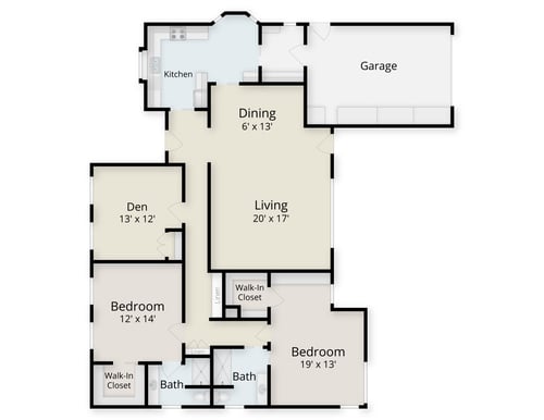 Floor plan of a three-bedroom single-family home at Plymouth Village