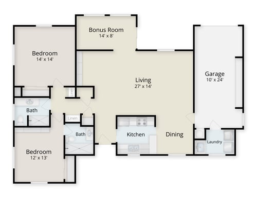 Floor plan of a two-bedroom single-family home at Plymouth Village