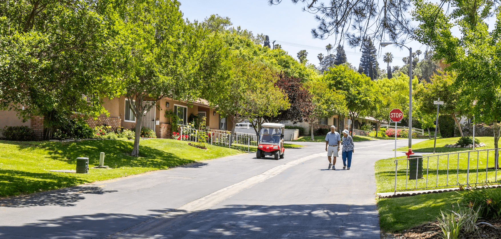 A tree-lined residential street at Plymouth Village with two adults walking and a small red golf cart driving nearby. A tree-lined residential street at Plymouth Village with two adults walking and a small red golf cart driving nearby.
