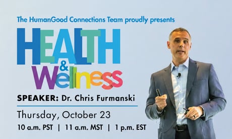 Dr. Furmanski holds a microphone on a blue background with text advertising the Health & Wellness HumanGood Connections Team event.