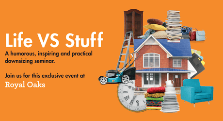 Collage featuring a house and various household items on an orange background with seminar information text.