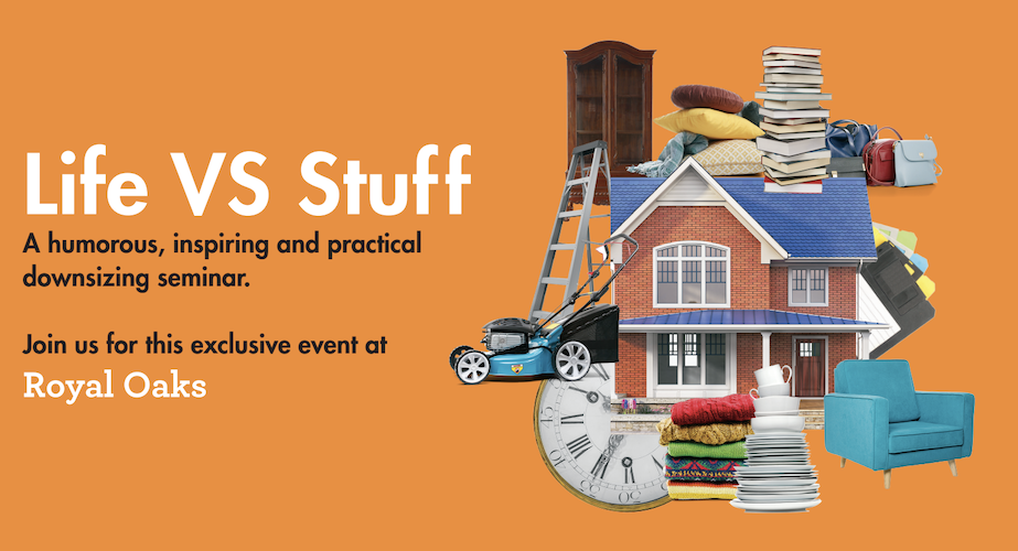 Collage featuring a house and various household items on an orange background with seminar information text. Collage featuring a house and various household items on an orange background with seminar information text.