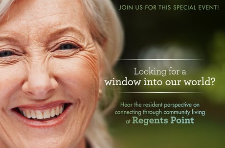 Close-up portrait of a smiling resident with informational text about the Resident Spotlight event at Regents Point.