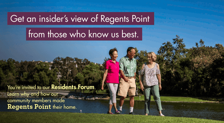 Three residents walking beside a pond with trees in the background and promotional text about Regents Point