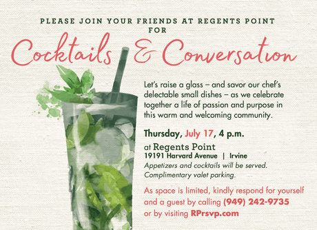 Invitation featuring a watercolor cocktail illustration and event details for "Cocktails & Conversation."