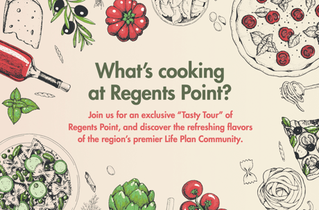 Promotional flyer with text and colorful food illustrations, featuring a wine bottle, tomato, pizza, and greens.