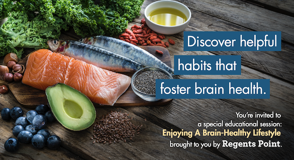 Assortment of brain-healthy foods on a wooden table with text about fostering brain health.
