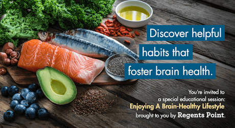 Assortment of brain-healthy foods on a wooden table with text about fostering brain health.
