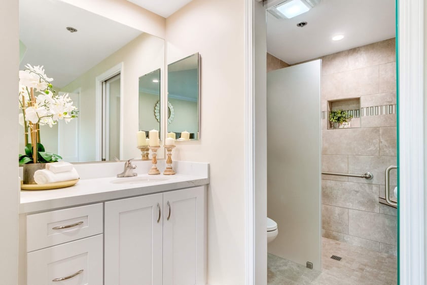 Primary bathroom inside a Regents Point apartment home
