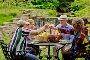 Seniors toasting with wine glasses at an outdoor table with picnic baskets