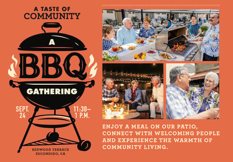 Barbecue flyer shows a grill logo and neighbors sharing food outdoors, inviting a warm, welcoming Sept. 24 gathering in Escondido.