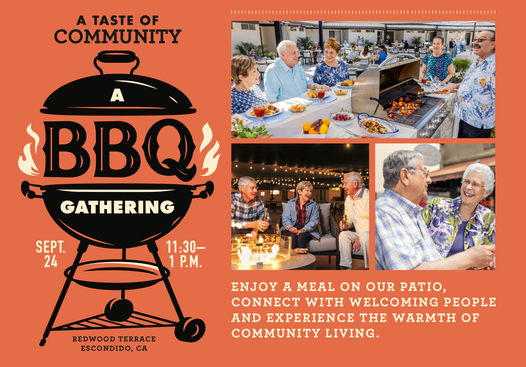 Barbecue flyer shows a grill logo and neighbors sharing food outdoors, inviting a warm, welcoming Sept. 24 gathering in Escondido. Barbecue flyer shows a grill logo and neighbors sharing food outdoors, inviting a warm, welcoming Sept. 24 gathering in Escondido.
