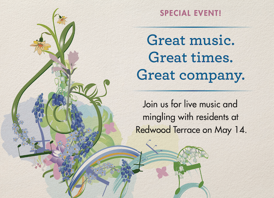 Floral design with event details: "Great music. Great times. Great company."