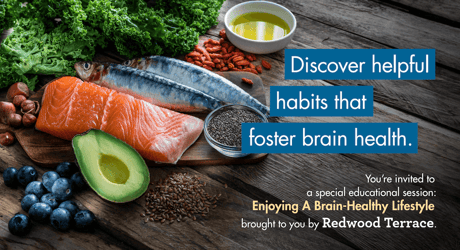 Assorted brain-healthy foods on a wooden surface with promotional text about an educational session on brain health.