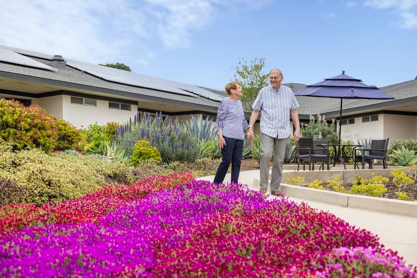 Senior couple walking by purple and pink flowers