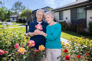 Senior couple looks at roses