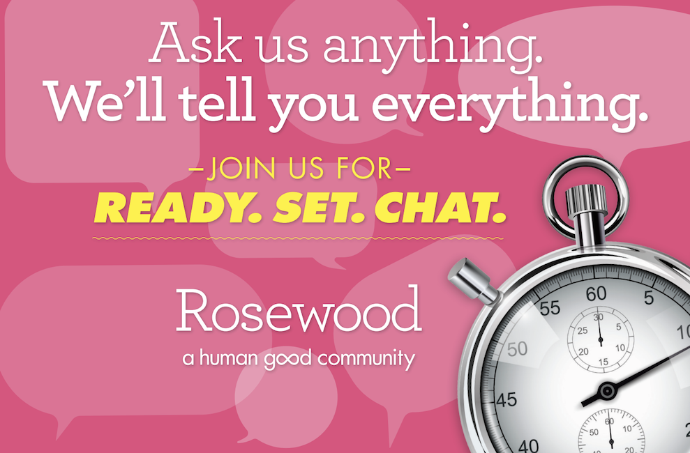 Pink background with white and yellow text about joining a chat, and an illustration of a stopwatch.