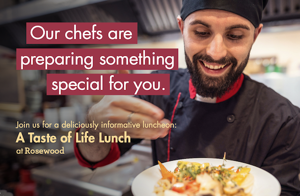 A smiling chef holds a plate of food in a kitchen, with promotional text for a luncheon.