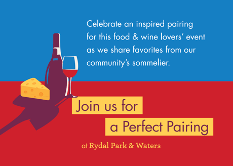 Graphic advertisement for a food and wine event featuring a wine bottle, glass, and cheese on a colorful background.