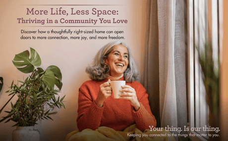 A smiling woman in an orange sweater holds a mug by the window, with green plants nearby. Text is displayed above and below.