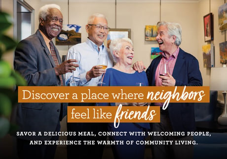 Four Spring Mill Pointe residents smiling and holding wine glasses with an overlay of informational text about the A Taste of Community event.