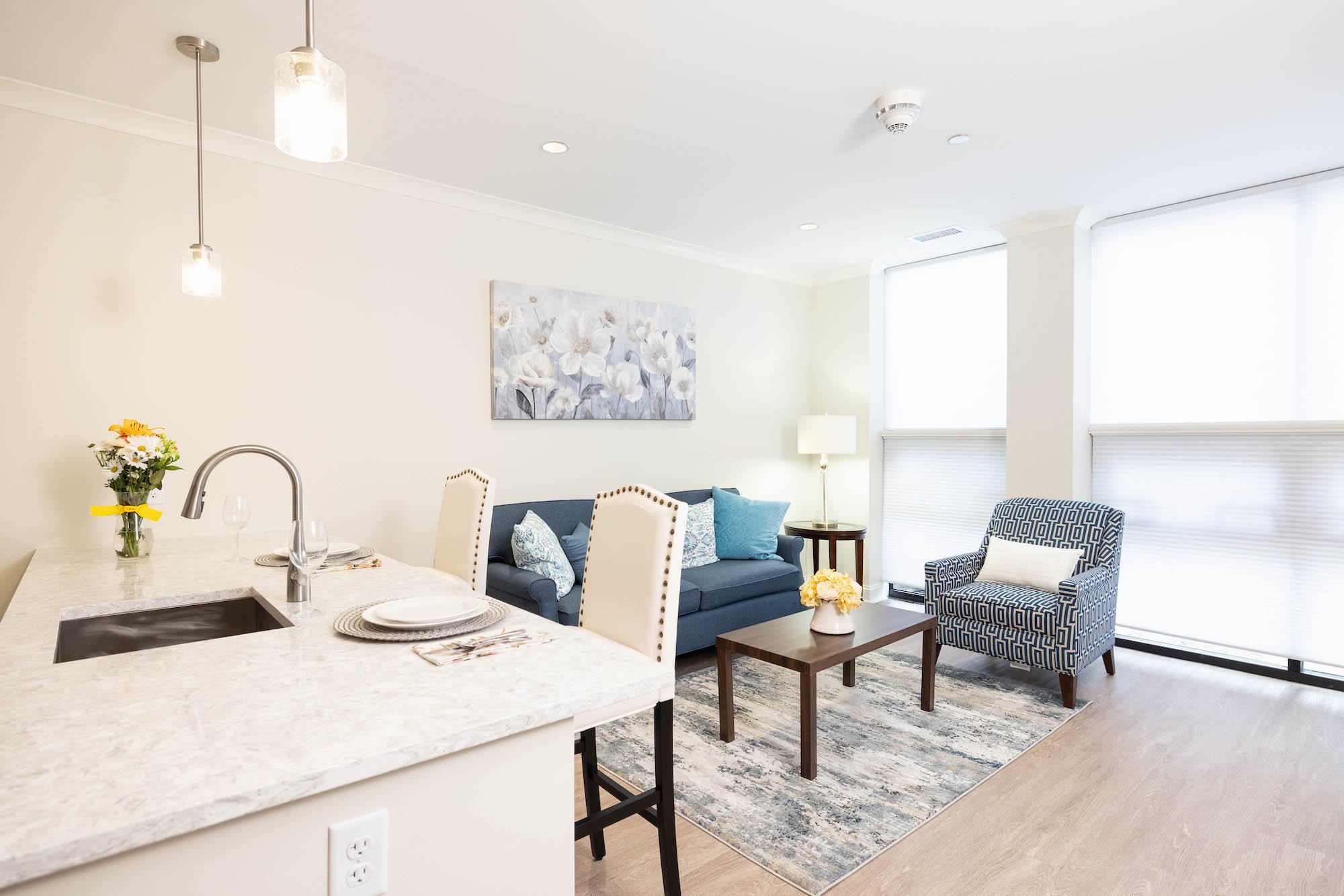 Living room with kitchen sink view