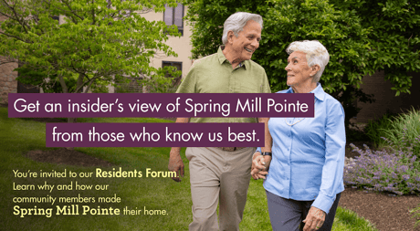 A couple holding hands and walking outdoors, overlaid with promotional text about Spring Mill Pointe.