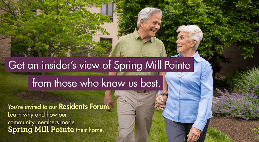 A couple holding hands and walking outdoors, overlaid with promotional text about Spring Mill Pointe. A couple holding hands and walking outdoors, overlaid with promotional text about Spring Mill Pointe.